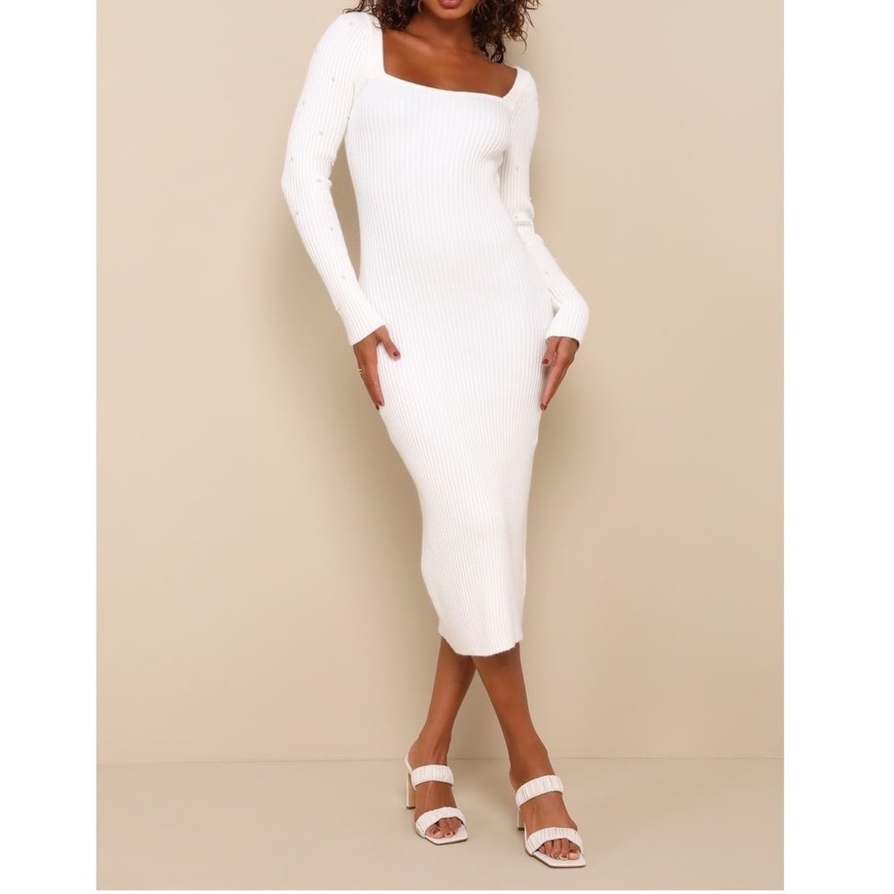 NWT Lulus Gleaming Babe White Ribbed Knit Pearl Midi Sweater Dress Large